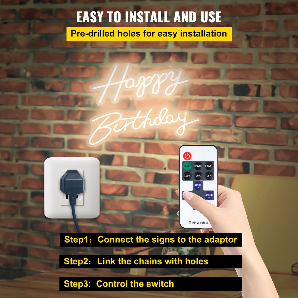 Happy Birthday Neon Sign, 16.5" x 8" + 23" x 8" LED Neon Lights Signs, Adjustable Brightness with Remote Control and Power Adapter, Reusable for Party, Club, Celebration and Decoration Warm