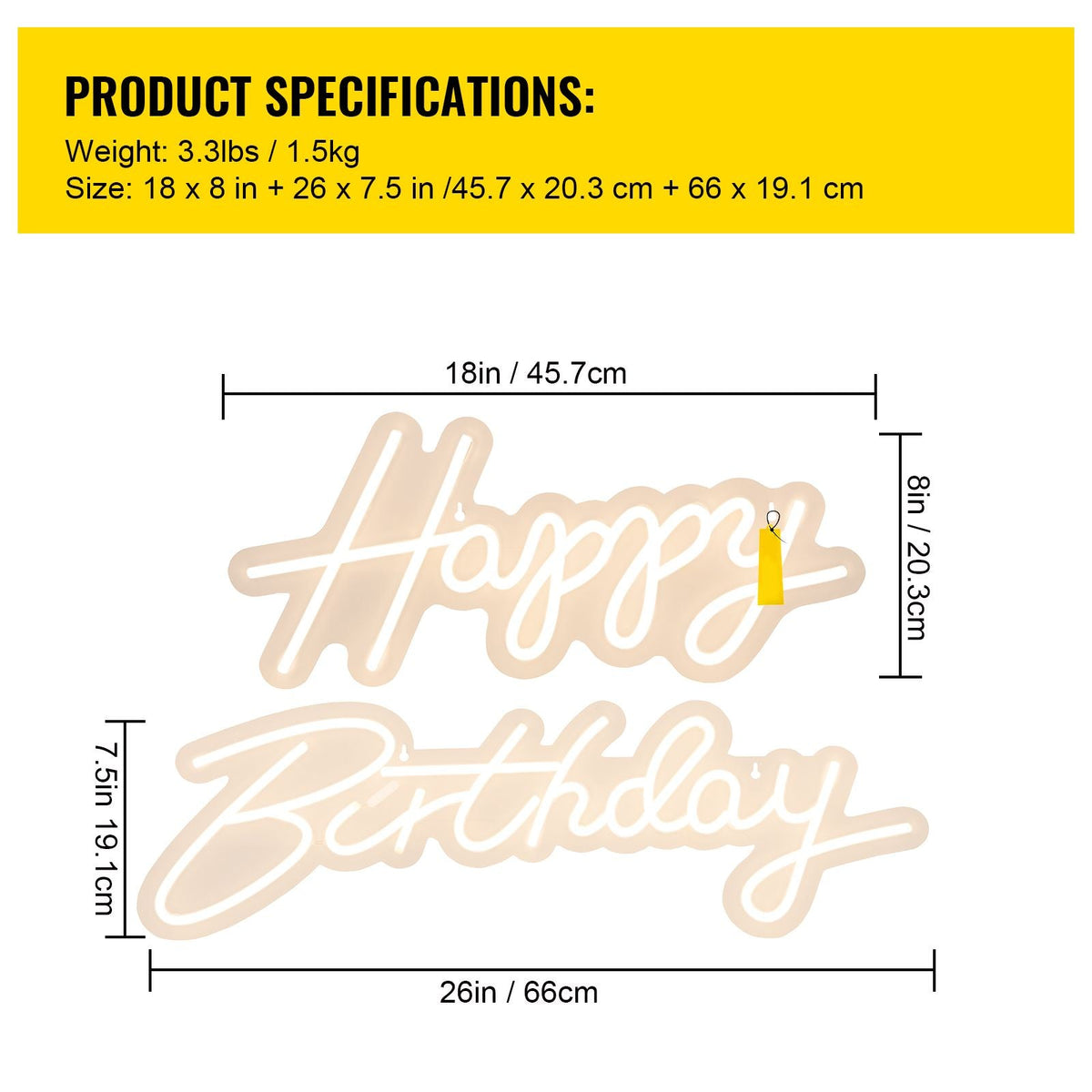 Happy Birthday Neon Sign, 18" x 8" & 26" x 7.5" LED Neon Lights Signs, Adjustable Brightness with Dimmer Switch and Power Adapter, Reusable for Party, Club, Celebration and Decoration Warm W