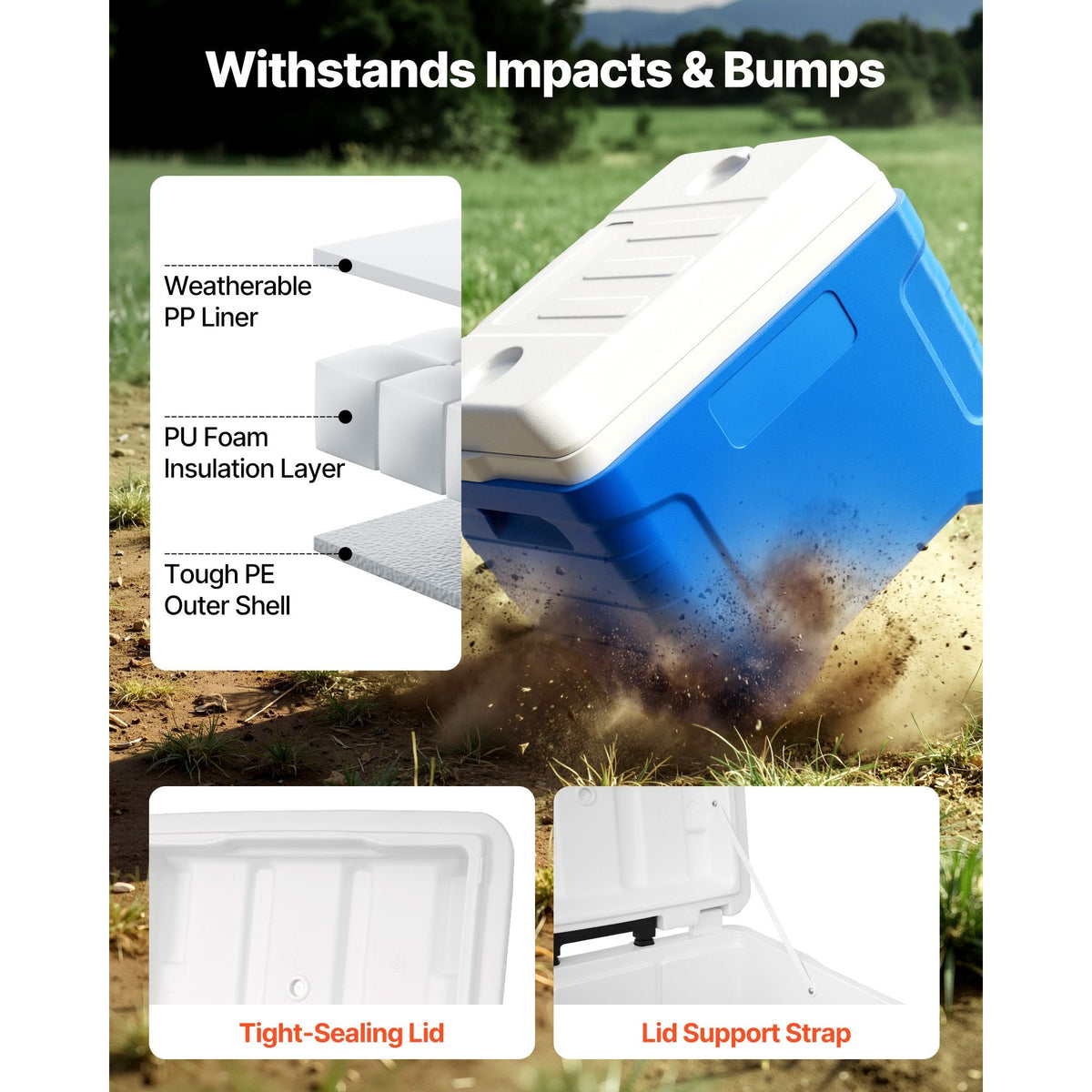 Hard Cooler, 45QT Portable Rolling Cooler with Wheels, Leak-Resistant Coolbox Keeps Contents Cool for 48 Hours, Ice Retention Insulated Chests, Ultra-Light for Outdoor Picnics, Grill, Camping