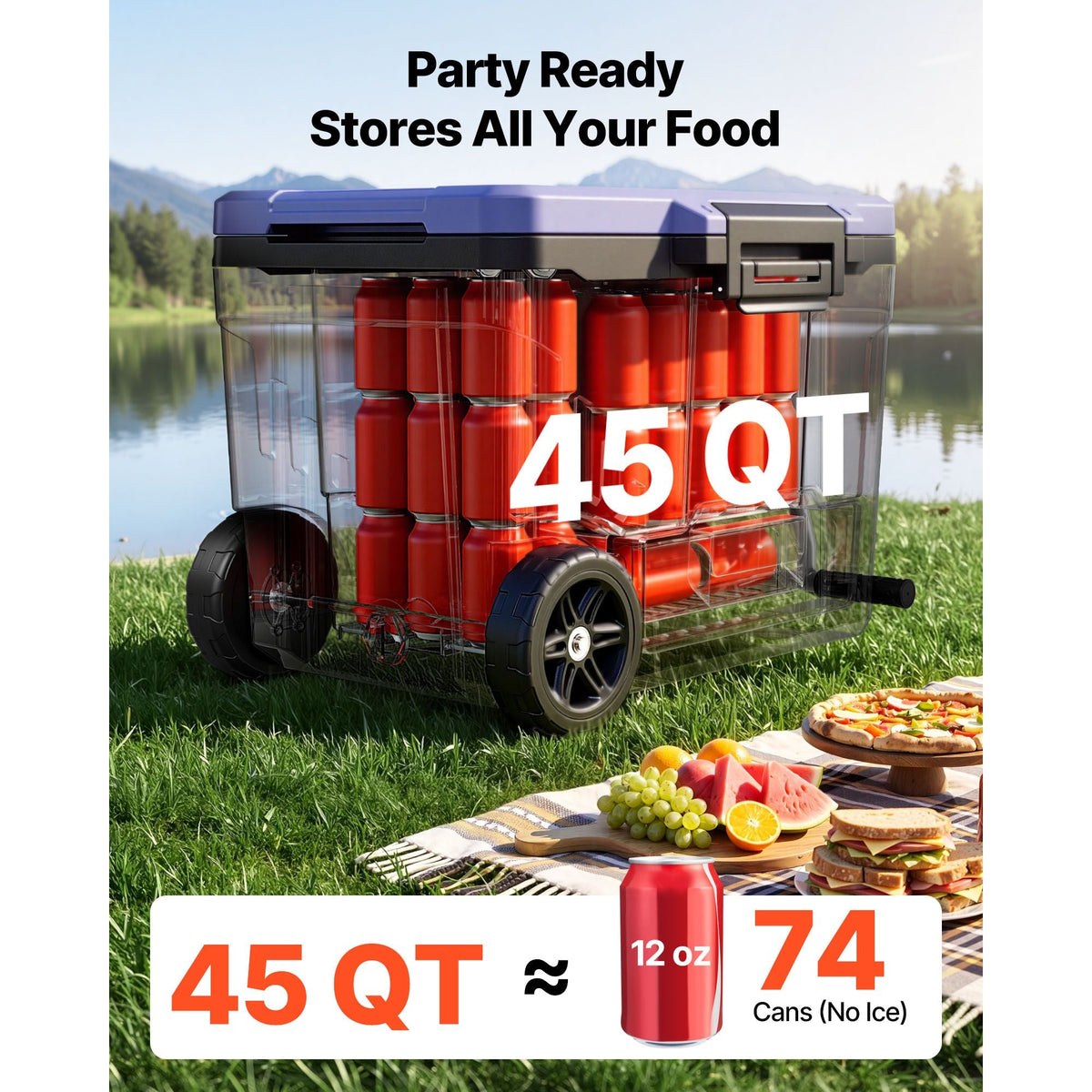 Hard Cooler, 45QT Portable Rolling Cooler with Wheels, Leak-Resistant Coolbox Keeps Contents Cool for 48 Hours, Ice Retention Insulated Chests, Ultra-Light for Outdoor Picnics, Grill, Camping