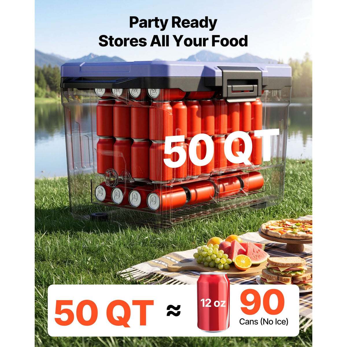 Hard Cooler, 50QT Portable Cooler, Leak-Resistant Coolbox Keeps Contents Cool for 48 Hours, Insulated Chests with Ice Retention and Heavy-Duty Handle, Ultra-Light for Camping, Concerts, Sports