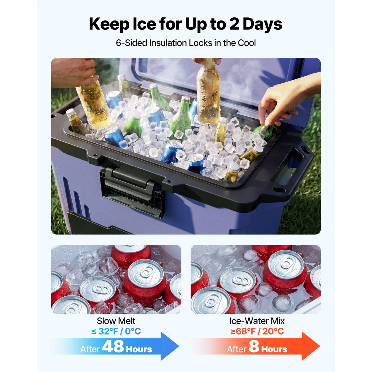 Hard Cooler, 50QT Portable Cooler, Leak-Resistant Coolbox Keeps Contents Cool for 48 Hours, Insulated Chests with Ice Retention and Heavy-Duty Handle, Ultra-Light for Camping, Concerts, Sports