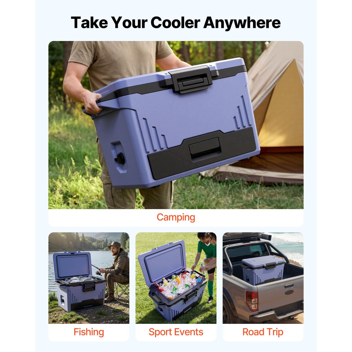 Hard Cooler, 50QT Portable Cooler, Leak-Resistant Coolbox Keeps Contents Cool for 48 Hours, Insulated Chests with Ice Retention and Heavy-Duty Handle, Ultra-Light for Camping, Concerts, Sports