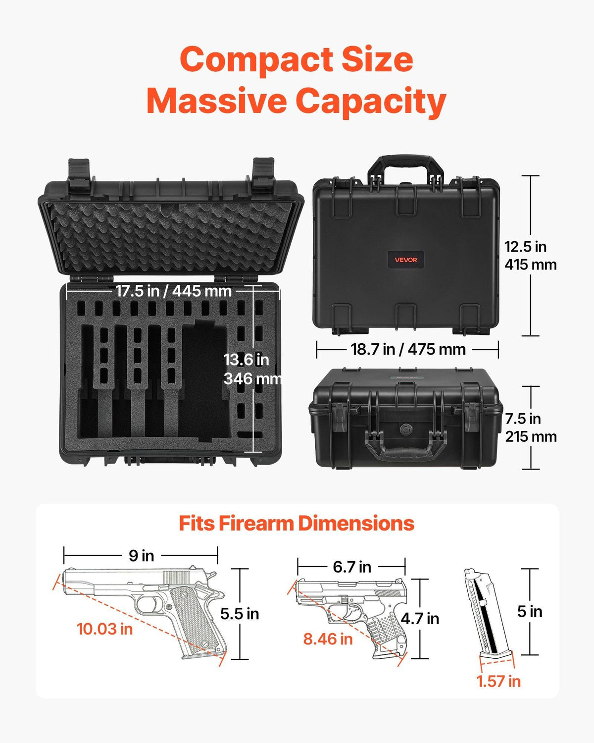 Hard Pistol Case, Heavy Duty Hard Gun Case with XPE Foam Lining, Waterproof Pistol Storage Box with Customizable Interior & Handle for Gun, Lenses, Camera, Gear, TSA Compliant, 18.7x12.5x7.5 in