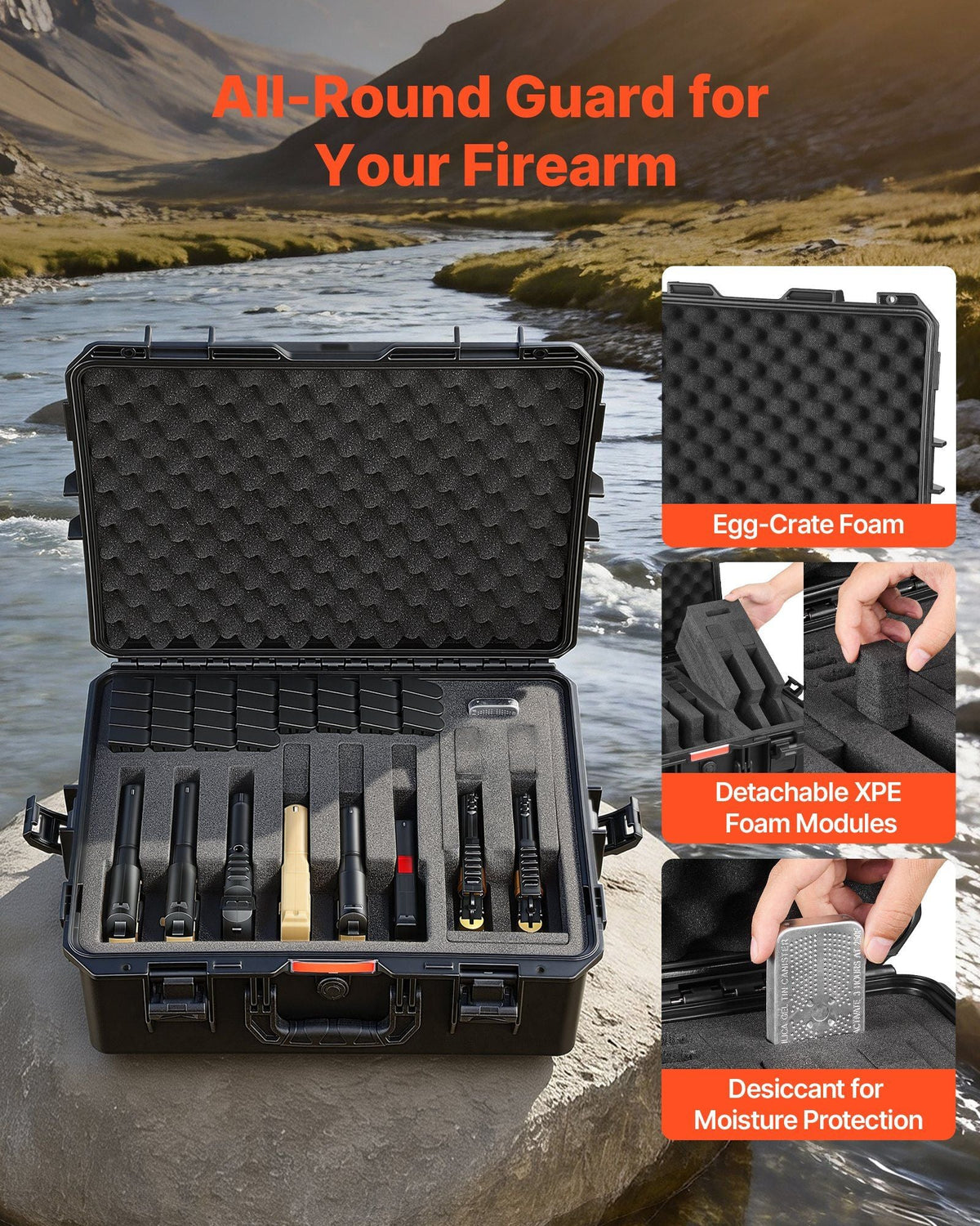 Hard Pistol Case, Heavy Duty Hard Gun Case with XPE Foam Lining, Waterproof Pistol Storage Box with Customizable Interior & Handle for Gun, Lenses, Camera, Gear, TSA Compliant, 21.9x17.9x8.8 in