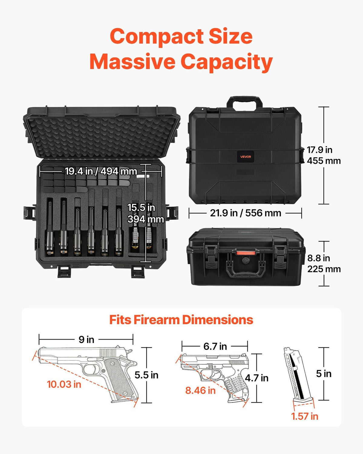 Hard Pistol Case, Heavy Duty Hard Gun Case with XPE Foam Lining, Waterproof Pistol Storage Box with Customizable Interior & Handle for Gun, Lenses, Camera, Gear, TSA Compliant, 21.9x17.9x8.8 in