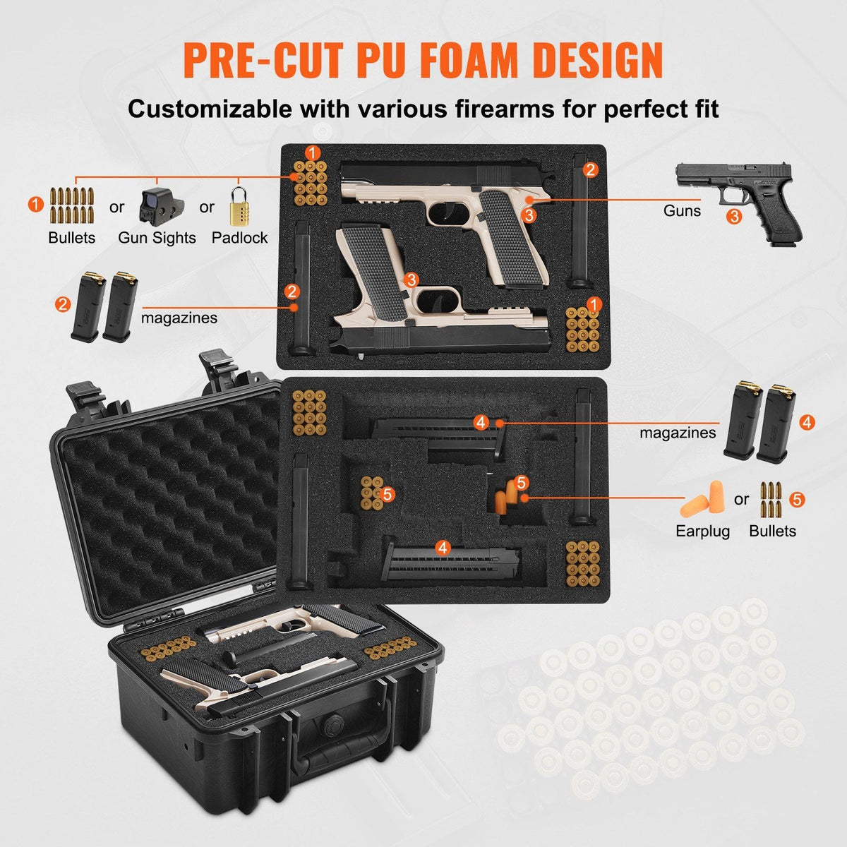 Hard Pistol Cases with Pre-cut PU Foam, Waterproof & Dustproof Hard Gun Case for 2 Pistol, 14.1×11.5×7.6 in Lockable Pistol Case, Black