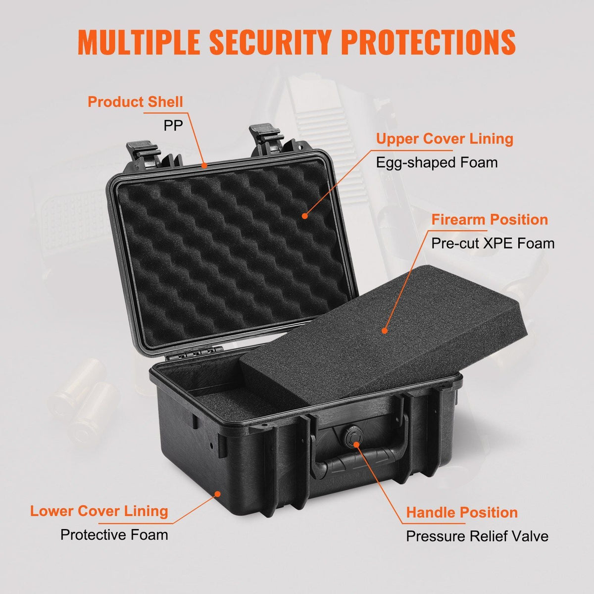 Hard Pistol Cases with Pre-cut PU Foam, Waterproof & Dustproof Hard Gun Case for 2 Pistol, 14.1×11.5×7.6 in Lockable Pistol Case, Black