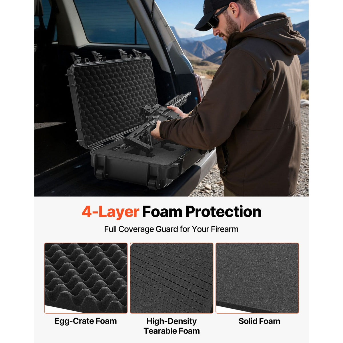 Hard Rifle Case, Lockable Rifle Case with 4 Layers Pre-cut Foams, 36 in Gun Storage with Wheels, IP67 Waterproof & Dustproof Pistol Storage Cases for Rifles, Shotguns, Airsoft Guns, Black