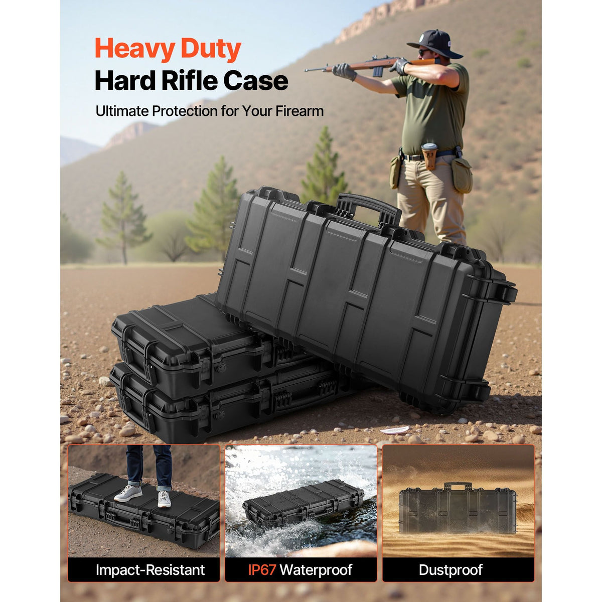 Hard Rifle Case, Lockable Rifle Case with 4 Layers Pre-cut Foams, 36 in Gun Storage with Wheels, IP67 Waterproof & Dustproof Pistol Storage Cases for Rifles, Shotguns, Airsoft Guns, Black