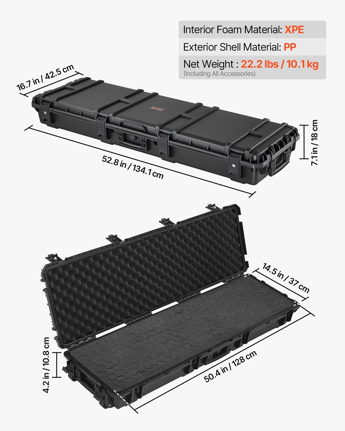 Hard Rifle Case, Lockable Rifle Case with Detachable XPE Foam, 50 in Gun Storage with Wheels, IP67 Waterproof & Dustproof Pistol Storage Cases for Rifles, Shotguns, Airsoft Guns, Black