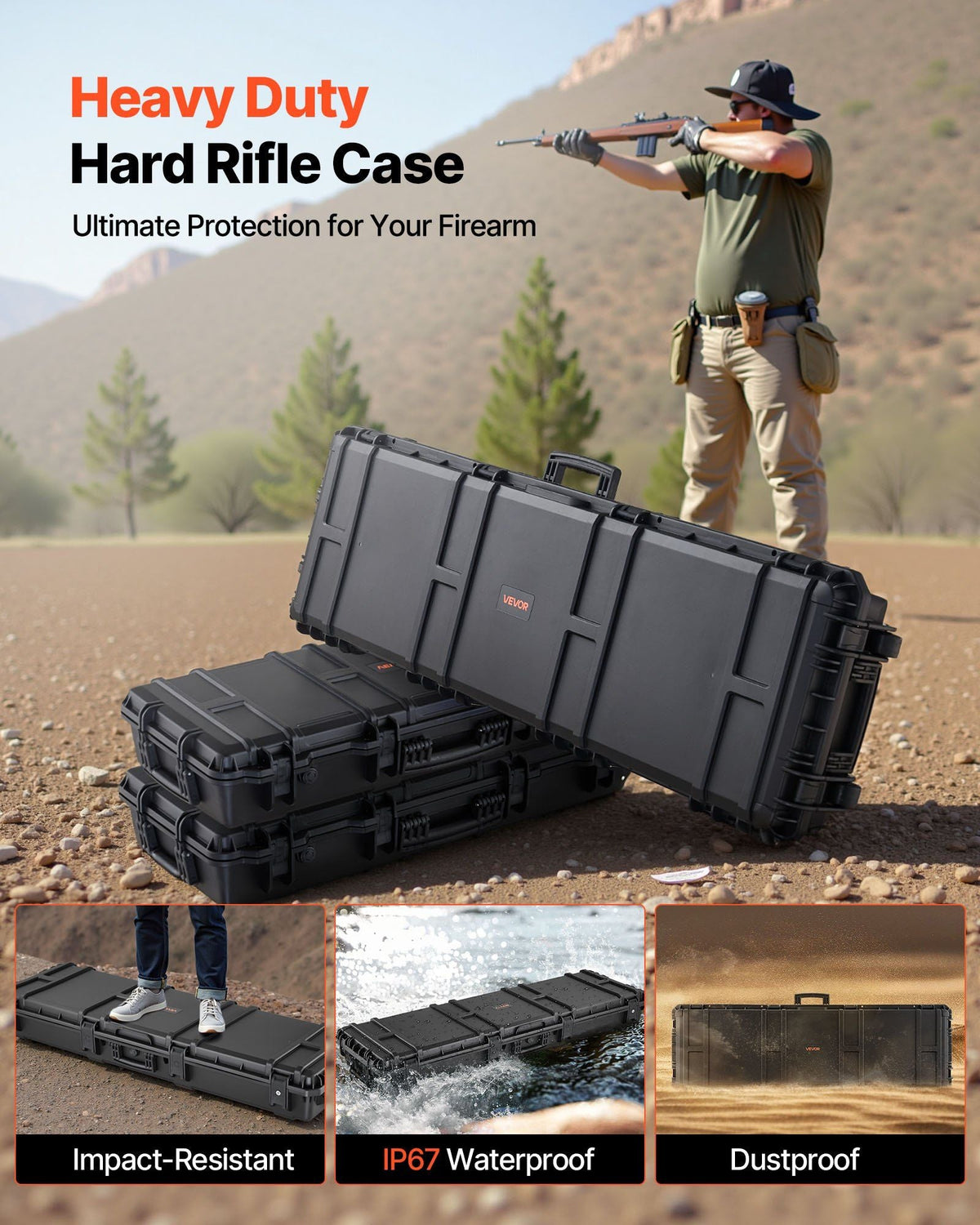 Hard Rifle Case, Lockable Rifle Case with Detachable XPE Foam, 50 in Gun Storage with Wheels, IP67 Waterproof & Dustproof Pistol Storage Cases for Rifles, Shotguns, Airsoft Guns, Black