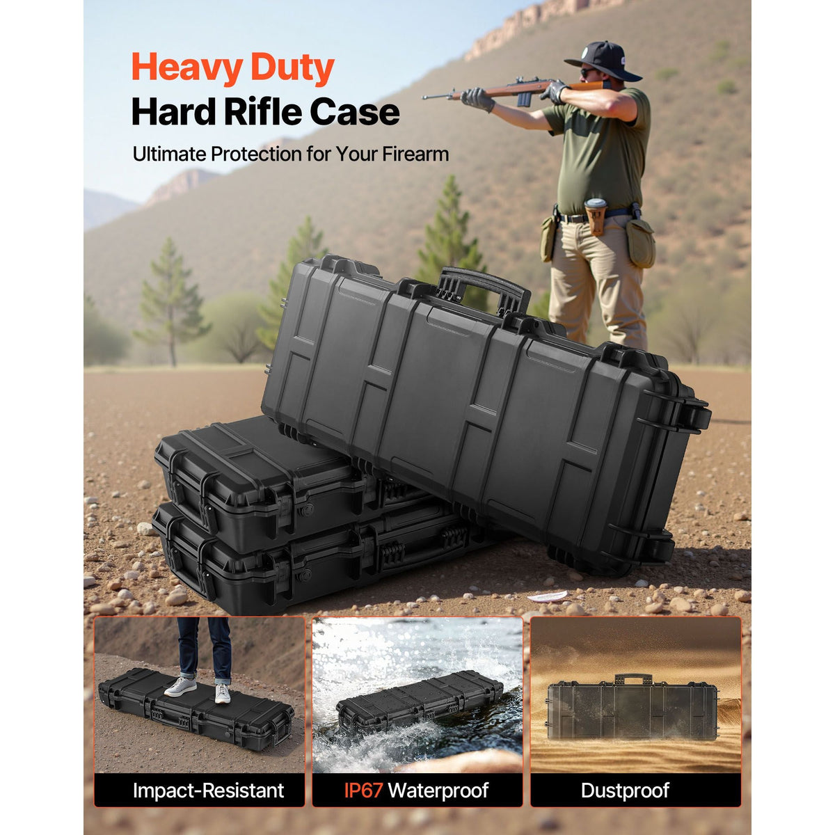 Hard Rifle Case, Lockable Rifle Case with Pre-cut Foams, 40 in Gun Storage with Wheels, IP67 Waterproof & Dustproof Movable Large Pistol Storage for Rifles, Shotguns, Airsoft Guns, Black