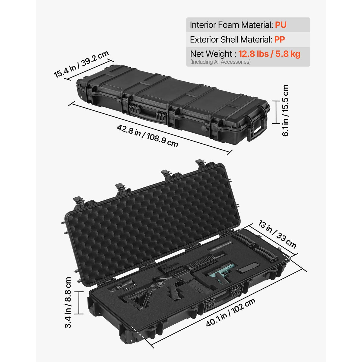 Hard Rifle Case, Lockable Rifle Case with Pre-cut Foams, 40 in Gun Storage with Wheels, IP67 Waterproof & Dustproof Movable Large Pistol Storage for Rifles, Shotguns, Airsoft Guns, Black