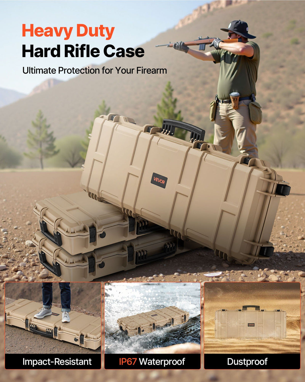 Hard Rifle Case, Lockable Rifle Case with Pre-cut Foams, 40 in Gun Storage with Wheels, IP67 Waterproof & Dustproof Movable Large Pistol Storage for Rifles, Shotguns, Airsoft Guns, Khaki