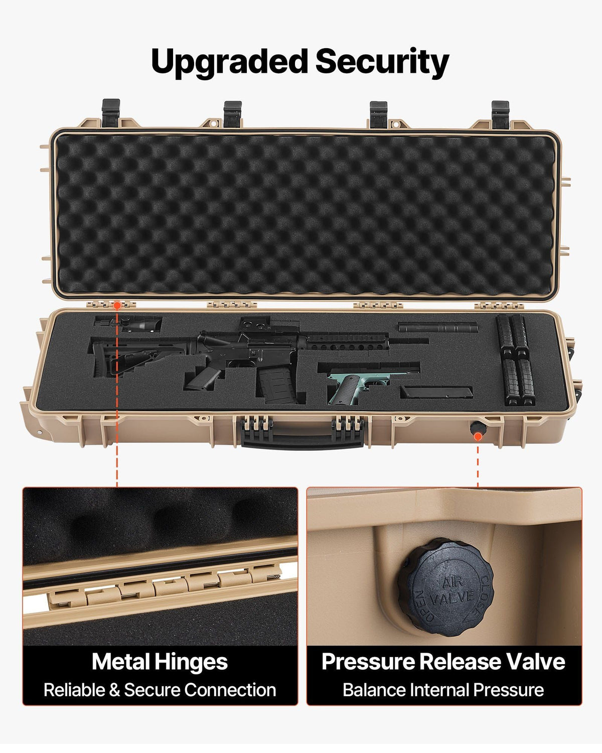 Hard Rifle Case, Lockable Rifle Case with Pre-cut Foams, 40 in Gun Storage with Wheels, IP67 Waterproof & Dustproof Movable Large Pistol Storage for Rifles, Shotguns, Airsoft Guns, Khaki