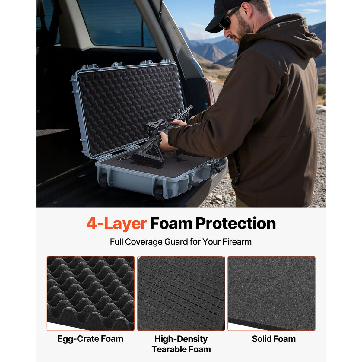 Hard Rifle Case, Lockable Rifle Case with Pre-cut Foams, 42 in Movable Gun Storage with Wheels, IP67 Waterproof & Dustproof Pistol Storage for Rifle, Shotgun, Airsoft Gun, Grey