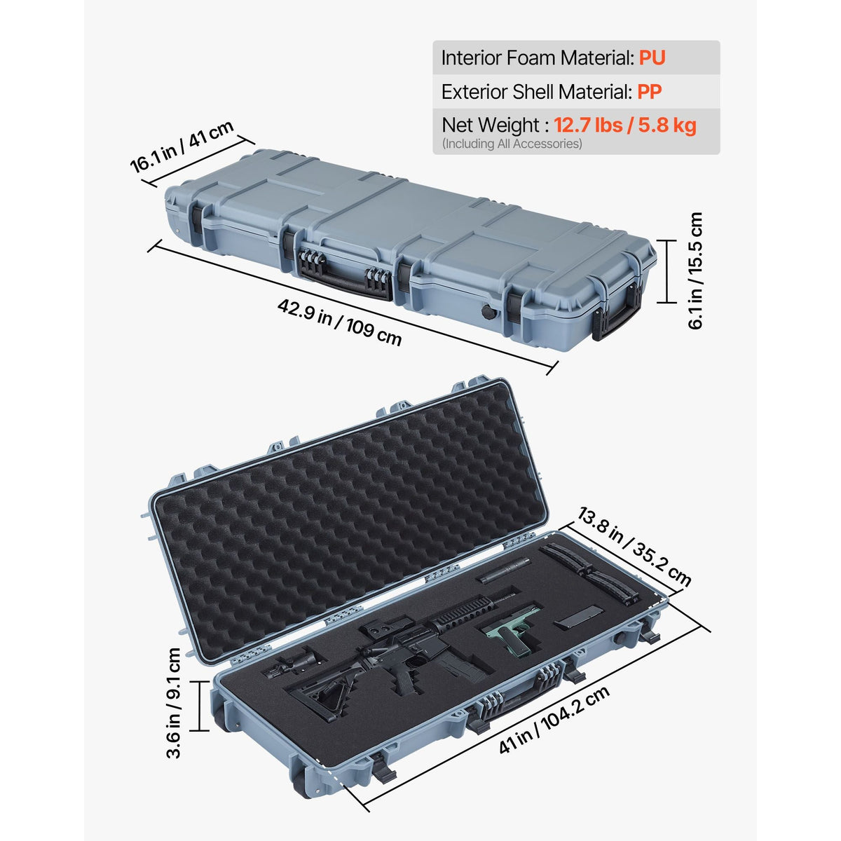 Hard Rifle Case, Lockable Rifle Case with Pre-cut Foams, 42 in Movable Gun Storage with Wheels, IP67 Waterproof & Dustproof Pistol Storage for Rifle, Shotgun, Airsoft Gun, Grey