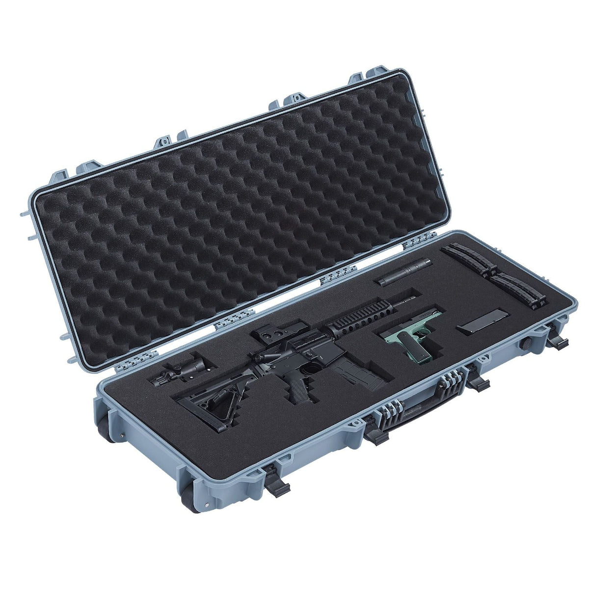 Hard Rifle Case, Lockable Rifle Case with Pre-cut Foams, 42 in Movable Gun Storage with Wheels, IP67 Waterproof & Dustproof Pistol Storage for Rifle, Shotgun, Airsoft Gun, Grey