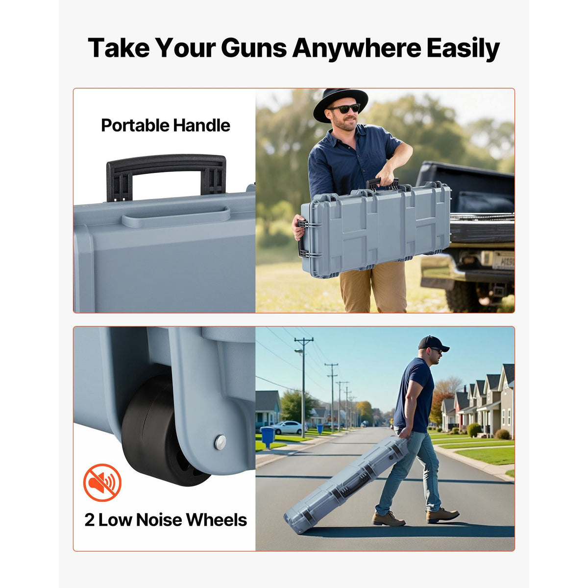 Hard Rifle Case, Lockable Rifle Case with Pre-cut Foams, 42 in Movable Gun Storage with Wheels, IP67 Waterproof & Dustproof Pistol Storage for Rifle, Shotgun, Airsoft Gun, Grey