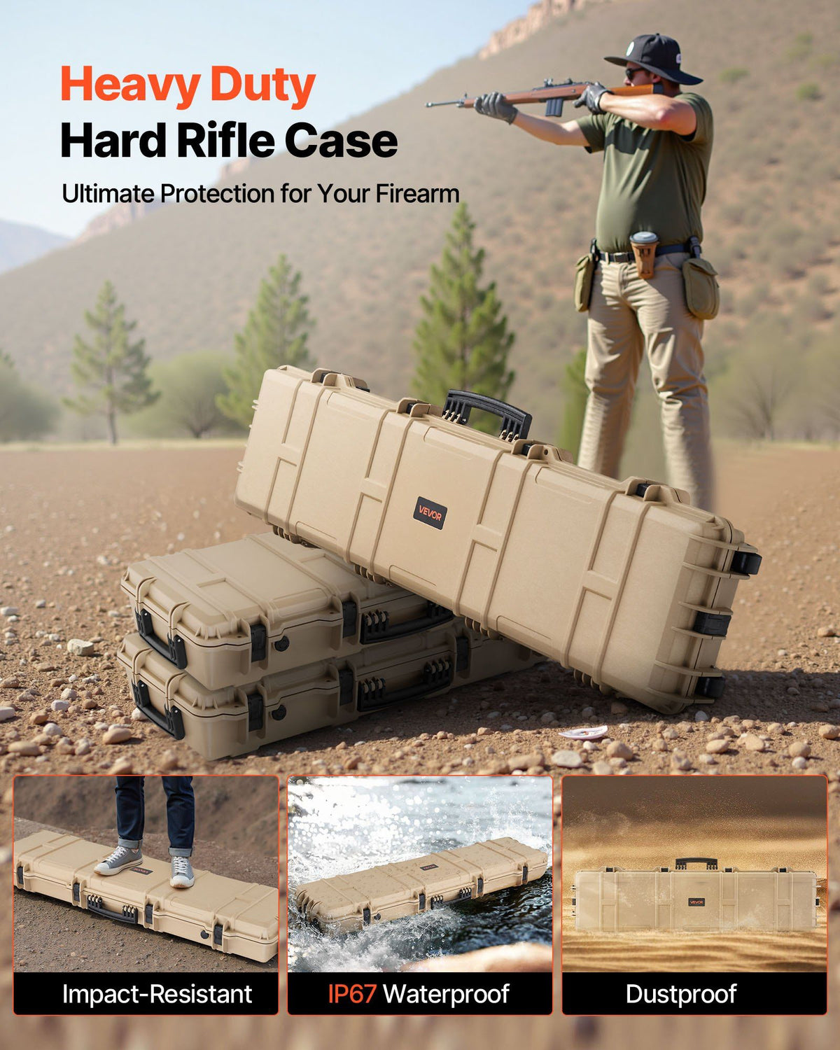 Hard Rifle Case, Lockable Rifle Case with Pre-cut Foams, 50 in Movable Gun Storage with Wheels, IP67 Waterproof & Dustproof Pistol Storage for Rifle, Shotgun, Airsoft Gun, Khaki