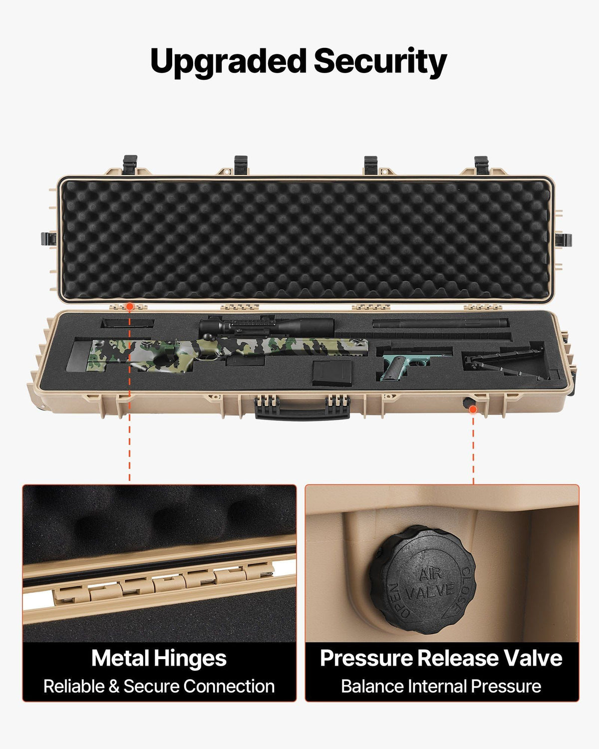 Hard Rifle Case, Lockable Rifle Case with Pre-cut Foams, 50 in Movable Gun Storage with Wheels, IP67 Waterproof & Dustproof Pistol Storage for Rifle, Shotgun, Airsoft Gun, Khaki