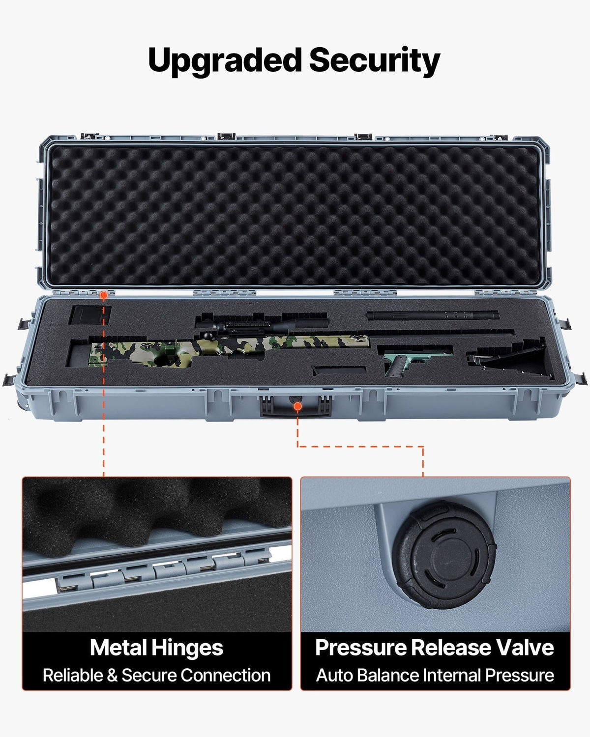 Hard Rifle Case, Lockable Rifle Case with Pre-cut Foams, 52 in Gun Storage with Wheels, Heavy Duty IP67 Waterproof & Dustproof Pistol Storage Cases for Rifles, Shotguns, Airsoft Guns, Grey