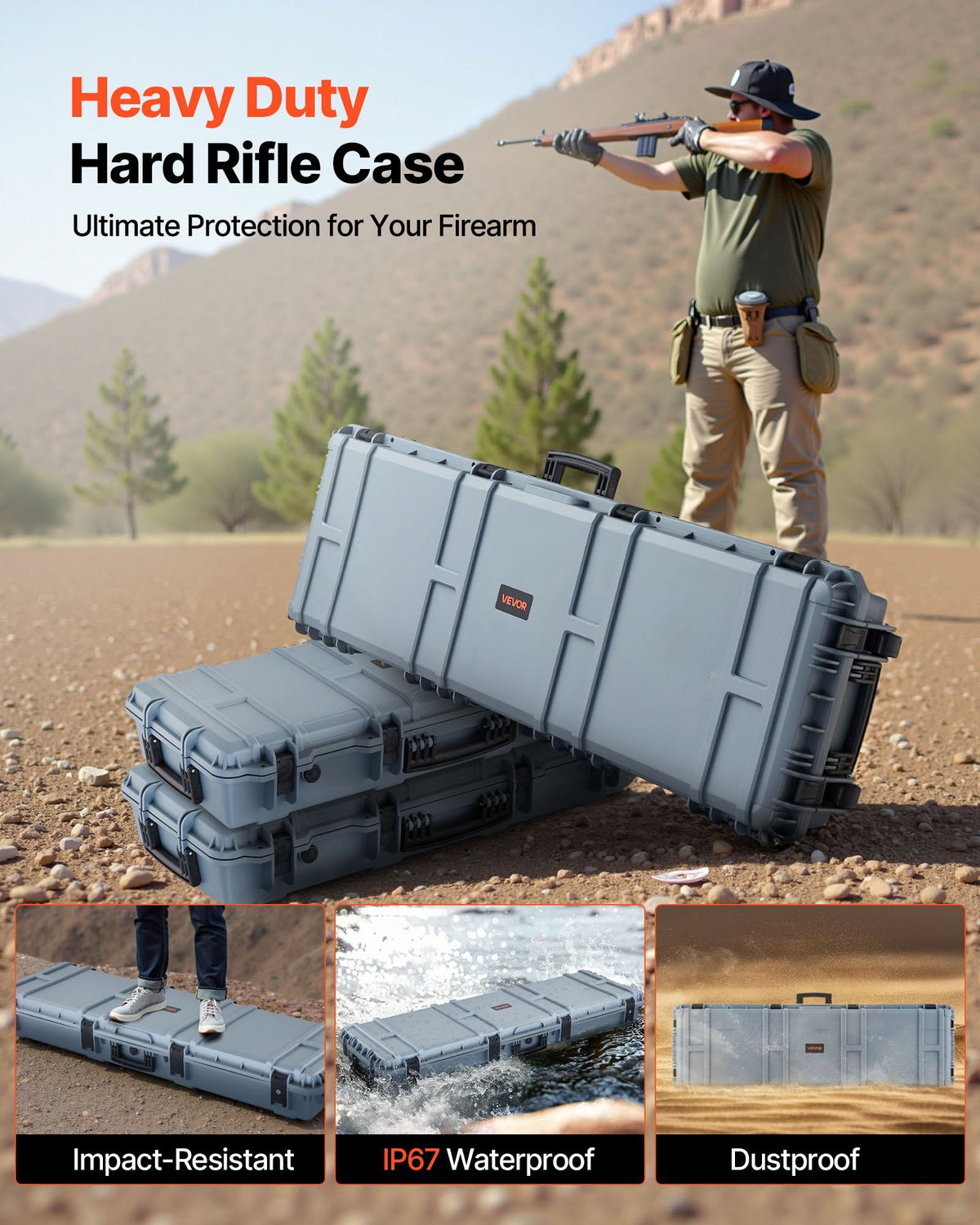 Hard Rifle Case, Lockable Rifle Case with Pre-cut Foams, 52 in Gun Storage with Wheels, Heavy Duty IP67 Waterproof & Dustproof Pistol Storage Cases for Rifles, Shotguns, Airsoft Guns, Grey