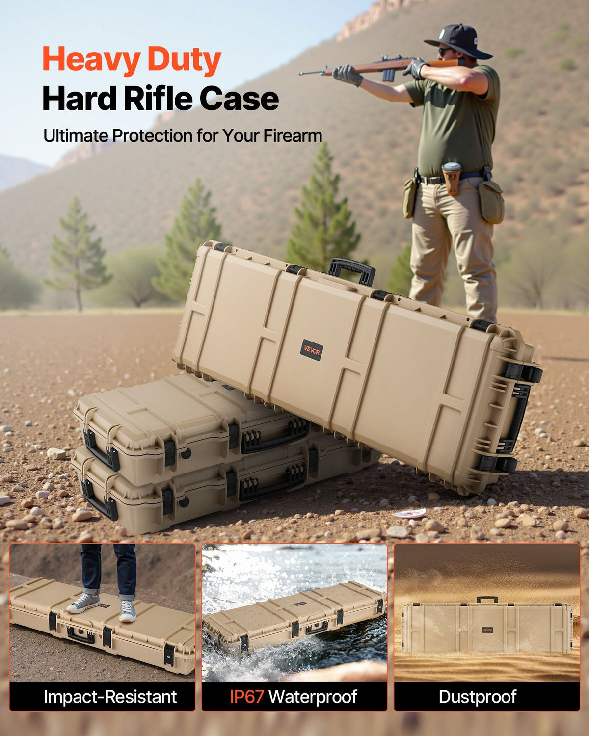 Hard Rifle Case, Lockable Rifle Case with Pre-cut Foams, 52 in Gun Storage with Wheels, Heavy Duty IP67 Waterproof & Dustproof Pistol Storage Cases for Rifles, Shotguns, Airsoft Guns, Khaki