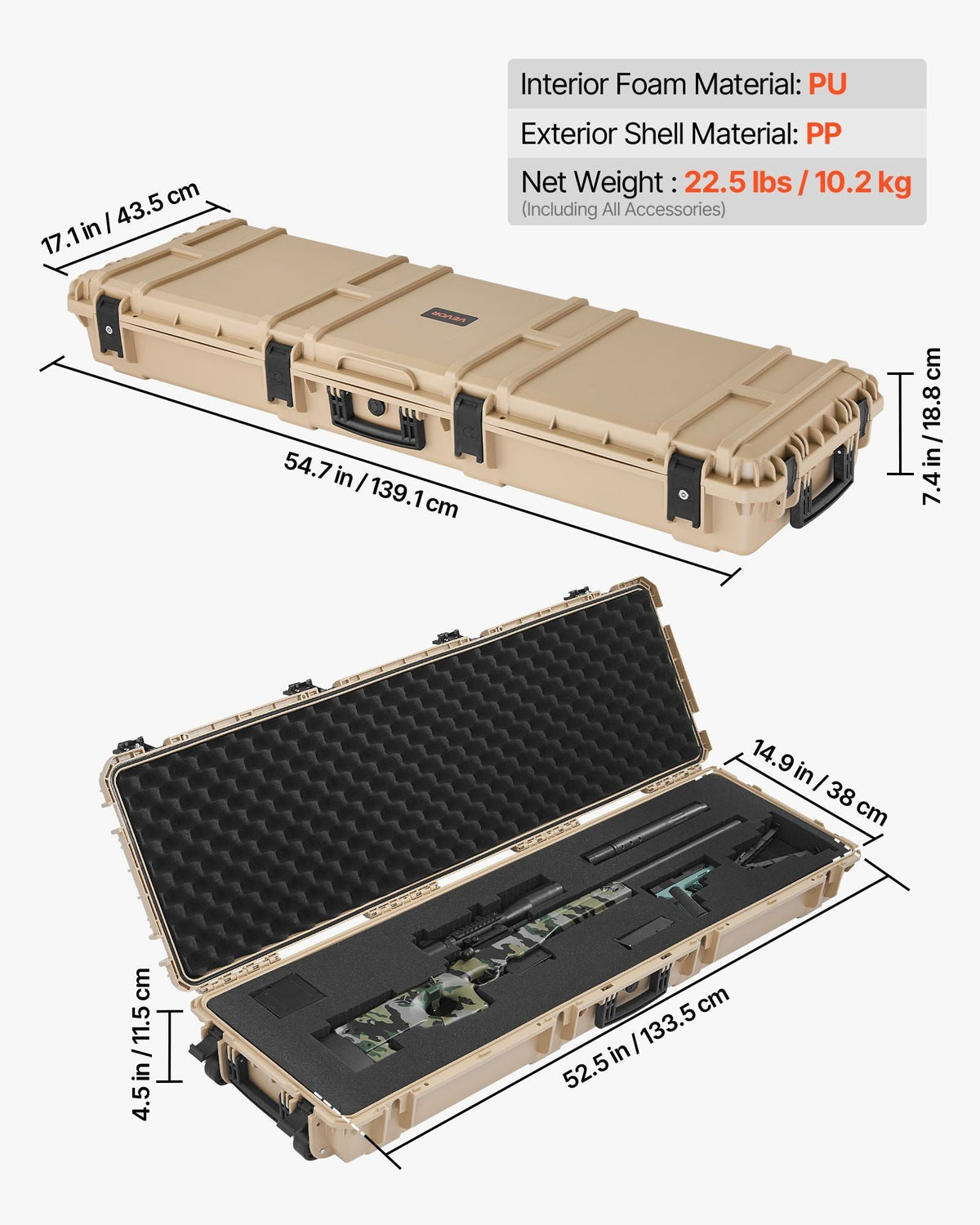 Hard Rifle Case, Lockable Rifle Case with Pre-cut Foams, 52 in Gun Storage with Wheels, Heavy Duty IP67 Waterproof & Dustproof Pistol Storage Cases for Rifles, Shotguns, Airsoft Guns, Khaki