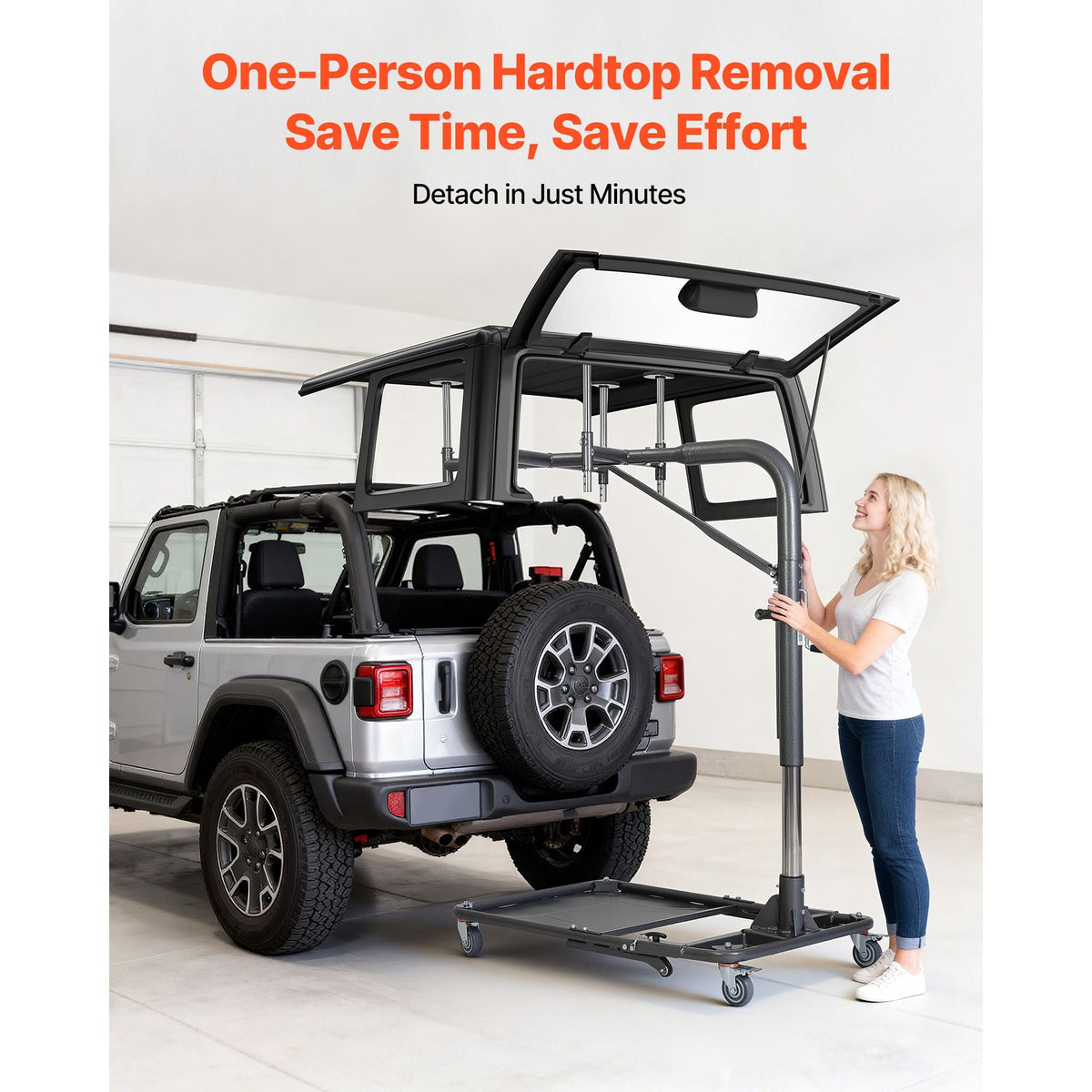 Hard Top Remover Lift, 220 lbs, Foldable Jeep Hardtop Removal and Storage System, Easy One-Person Operation, Adjustable Height, for Jeep Wrangler YJ, TJ, JK, JL, 4XE, Ford Bronco 4 Door & 6 Gen+