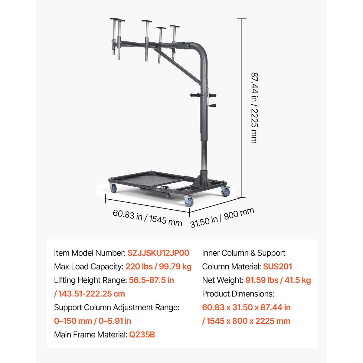 Hard Top Remover Lift, 220 lbs, Foldable Jeep Hardtop Removal and Storage System, Easy One-Person Operation, Adjustable Height, for Jeep Wrangler YJ, TJ, JK, JL, 4XE, Ford Bronco 4 Door & 6 Gen+