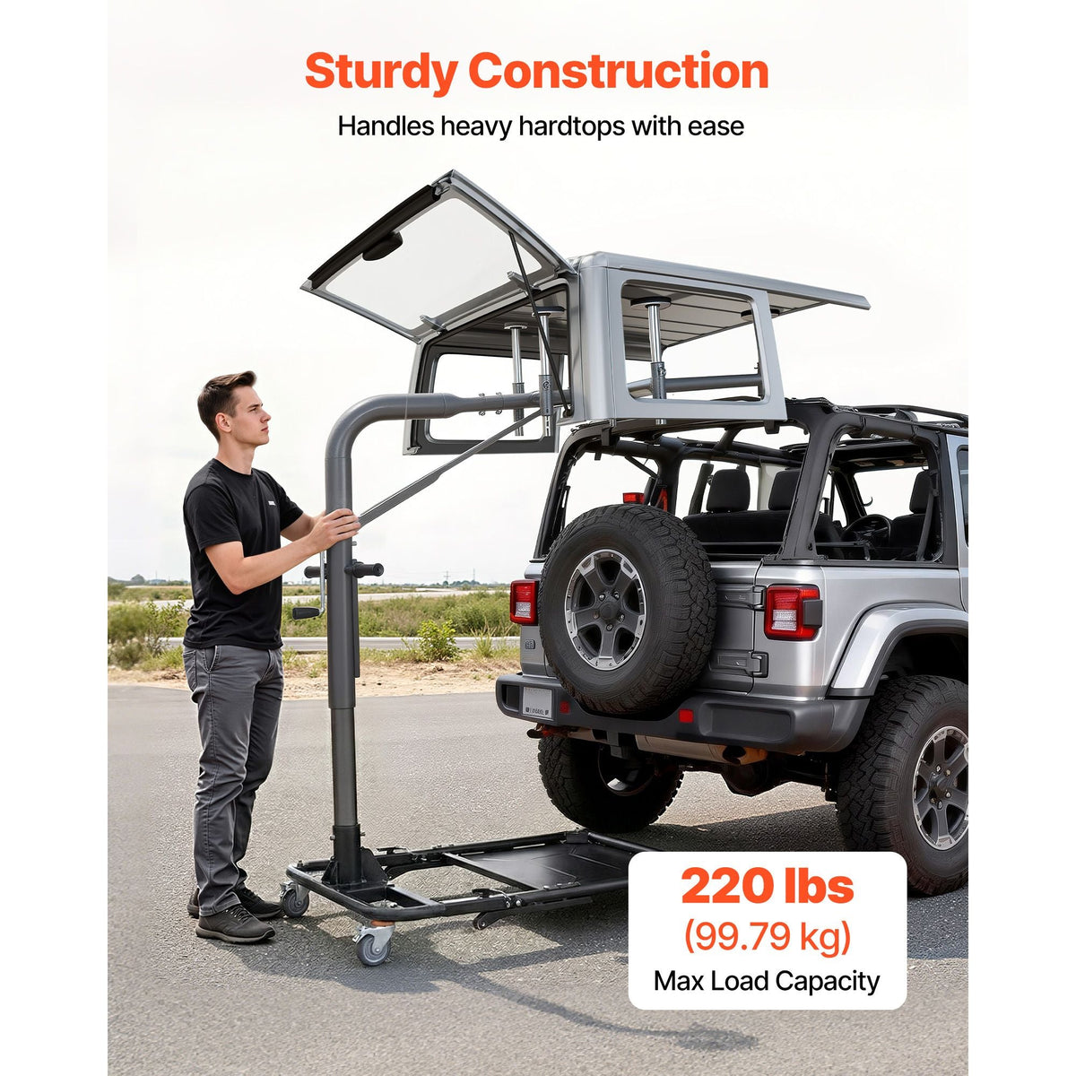 Hard Top Remover Lift, 220 lbs, Foldable Jeep Hardtop Removal and Storage System, Easy One-Person Operation, Adjustable Height, for Jeep Wrangler YJ, TJ, JK, JL, 4XE, Ford Bronco 4 Door & 6 Gen+