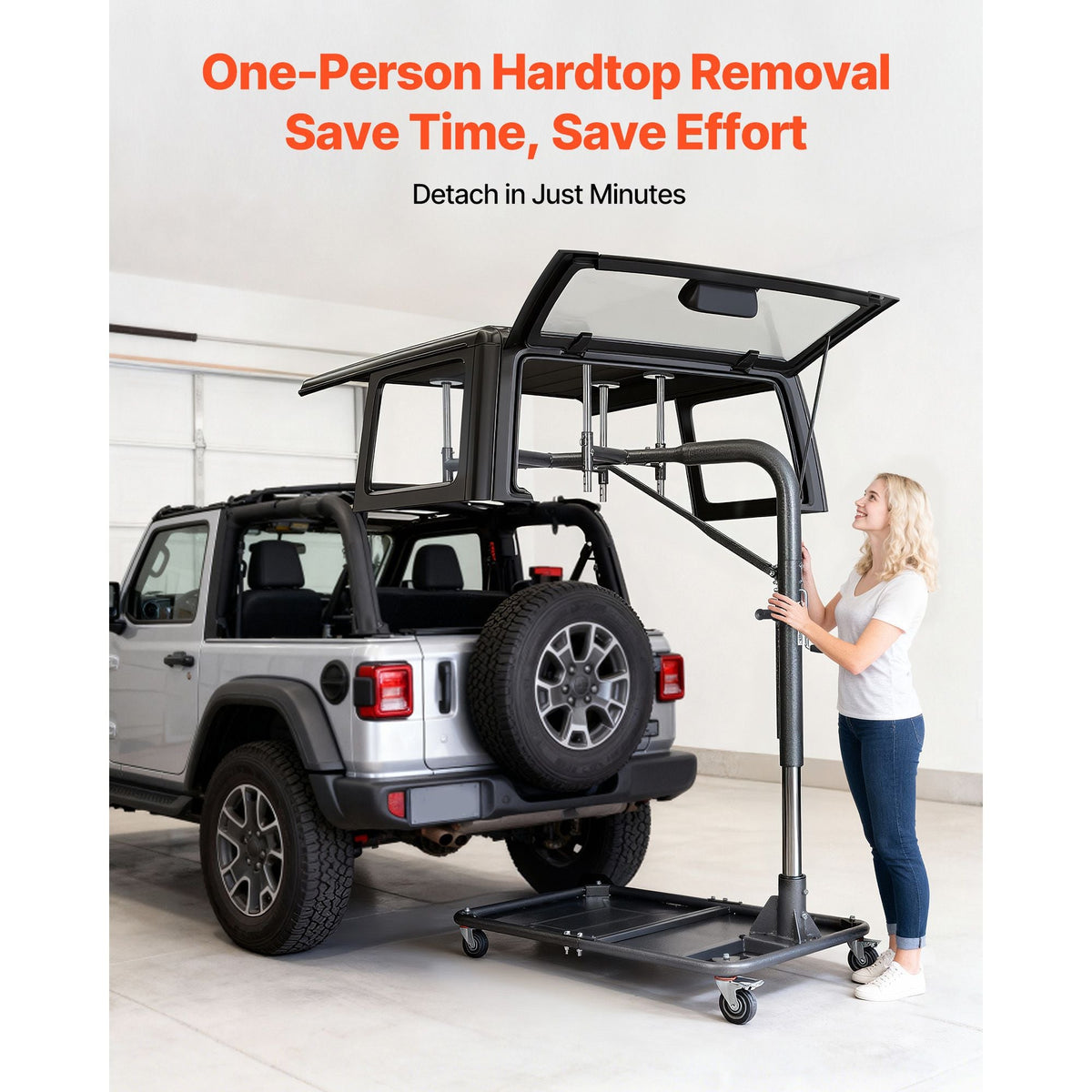 Hard Top Remover Lift, 220 lbs, Jeep Hardtop Removal and Storage System, Quick & Easy One-Person Operation, Adjustable Height, for Jeep Wrangler YJ, TJ, JK, JL, 4XE, Ford Bronco 4 Door & 6 Gen+