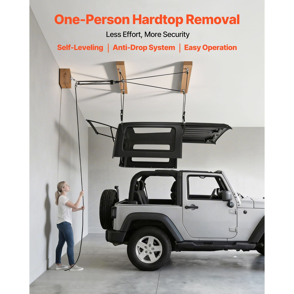 Hard Top Remover Lift, 220 lbs, Jeep Hardtop Removal Storage Roof Hoist with Anti-Drop System, Easy One-Person Operation, Supports 8-16 in Ceiling, for 2-Door & 4-Door Jeep Wrangler JK JL & Ford