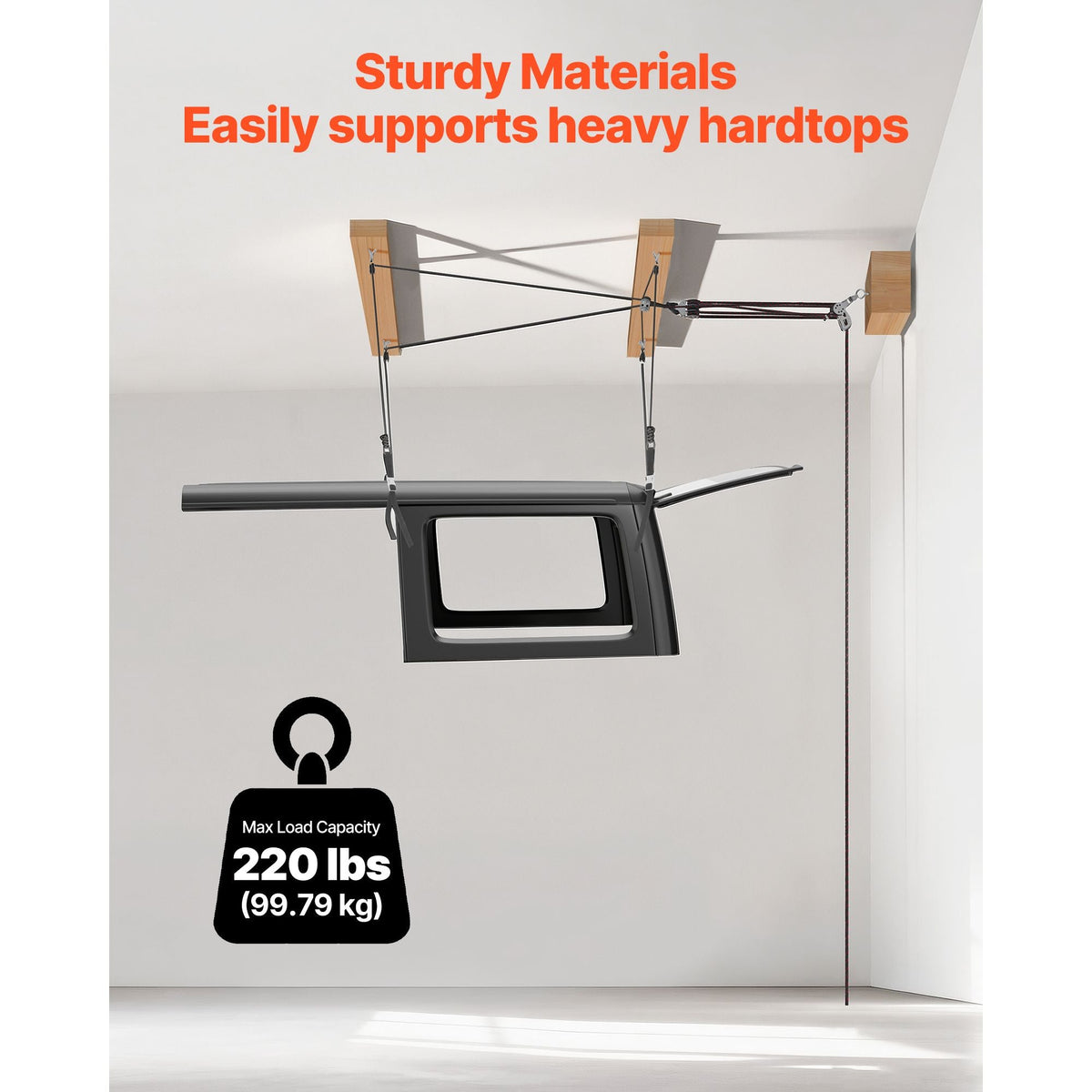 Hard Top Remover Lift, 220 lbs, Jeep Hardtop Removal Storage Roof Hoist with Anti-Drop System, Easy One-Person Operation, Supports 8-16 in Ceiling, for 2-Door & 4-Door Jeep Wrangler JK JL & Ford