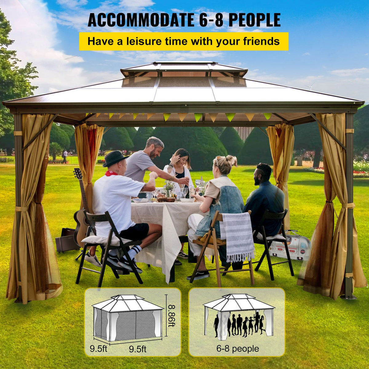 Hardtop Gazebo 10\' x 10\' with Netting - Metal Gazebo Aluminum Permanent Double Tier Roof- Gazebos for Patios, Backyard, Outdoor and Lawn