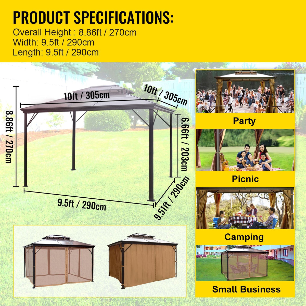 Hardtop Gazebo 10\' x 10\' with Netting - Metal Gazebo Aluminum Permanent Double Tier Roof- Gazebos for Patios, Backyard, Outdoor and Lawn