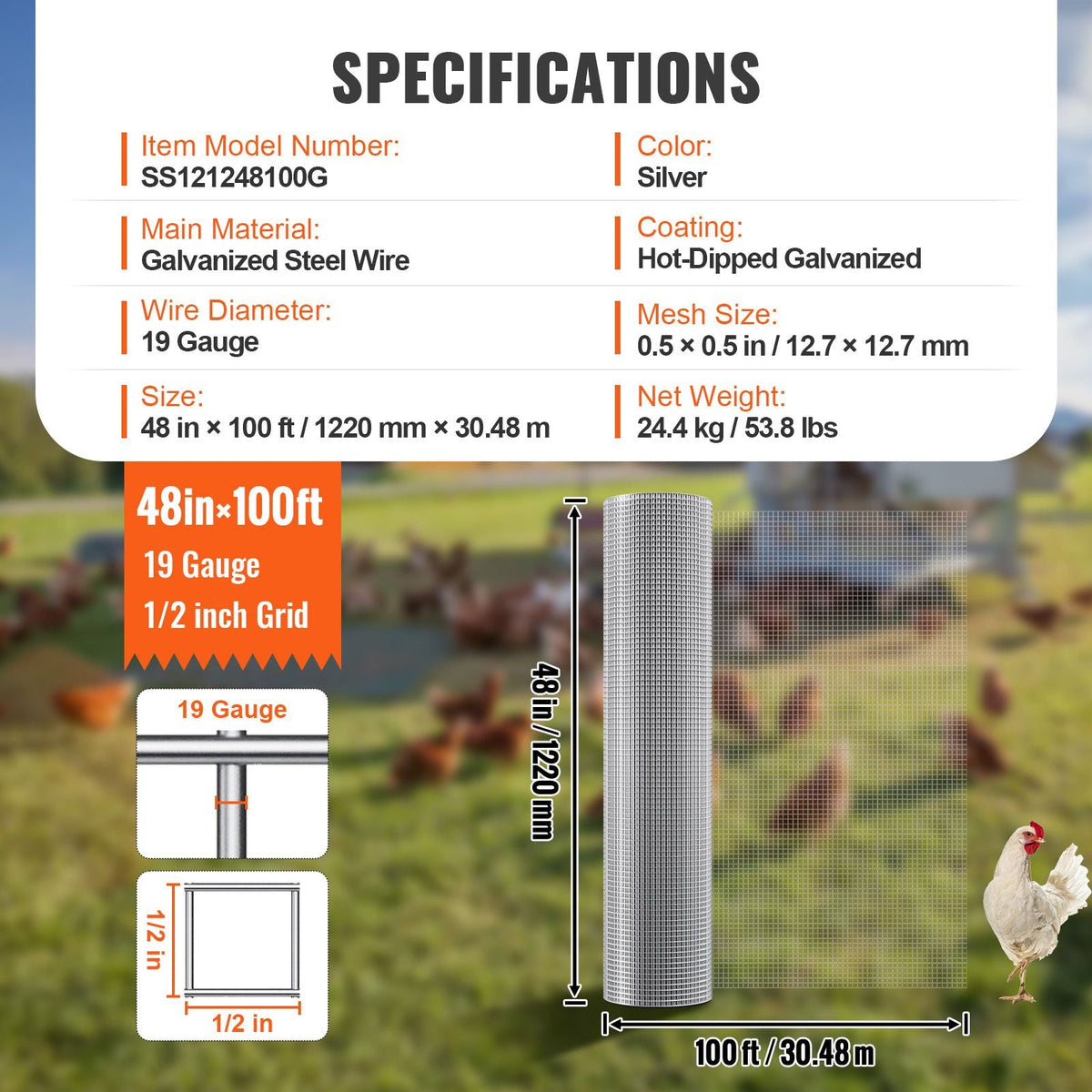 Hardware Cloth, 1/2 inch 48in x 100 ft 19 Gauge, Hot Dipped Galvanized Wire Mesh Roll, Chicken Wire Fencing, Wire Mesh for Rabbit Cages, Garden, Small Rodents