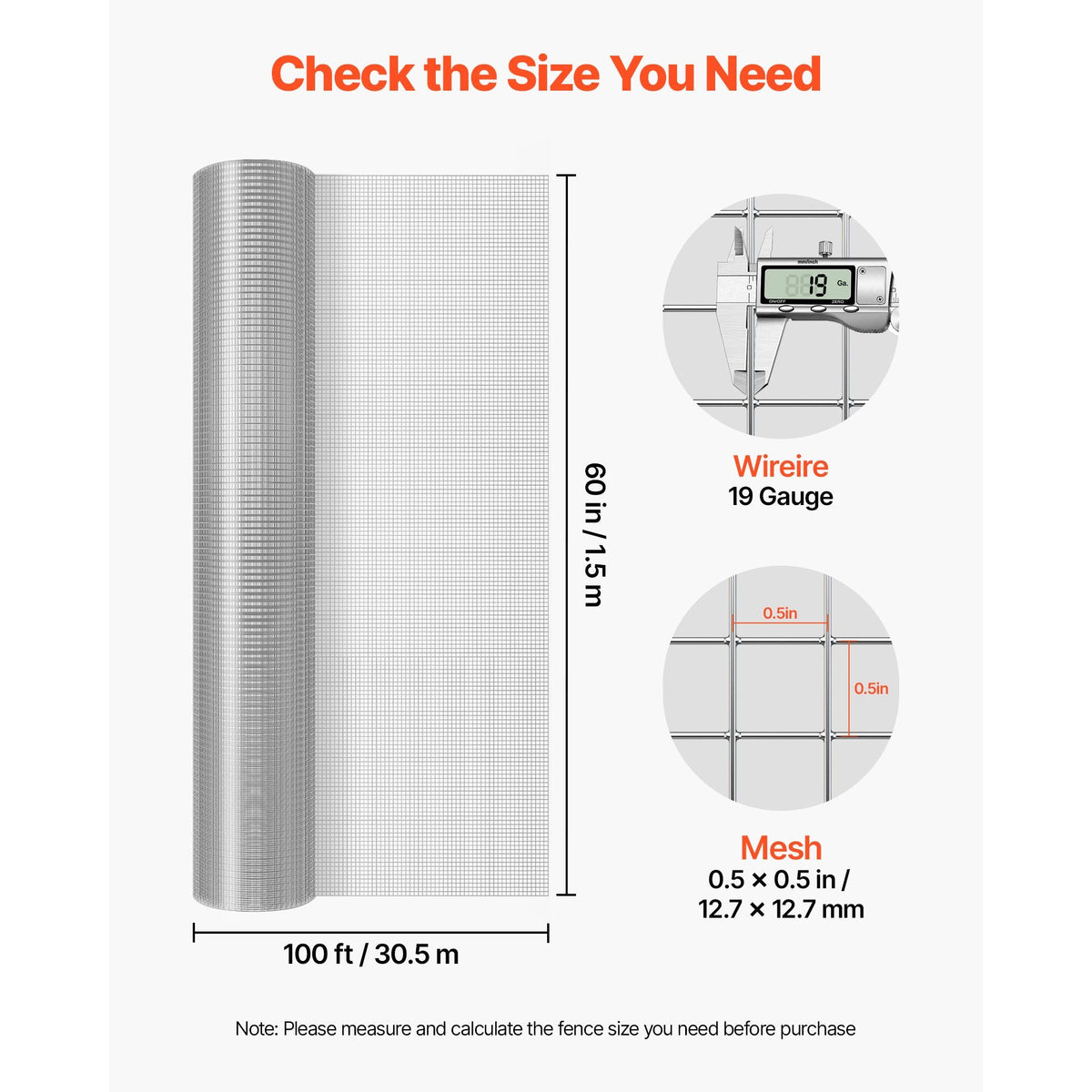 Hardware Cloth, 1/2 inch 60 inch x 100 ft 19 Gauge Chicken Wire Fence, Hot-Dip Galvanized After Welding Metal Wire Mesh Roll, Garden Plant Welded Fencing Roll Supports Poultry Netting Cage Fence