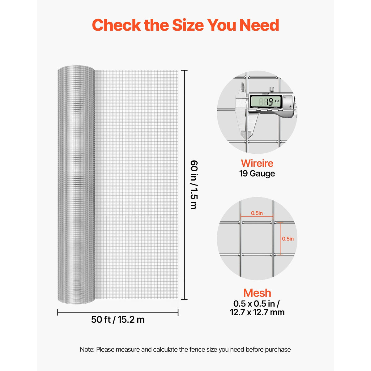 Hardware Cloth, 1/2 inch 60 inch x 50 ft 19 Gauge Chicken Wire Fence, Hot-Dip Galvanized After Welding Metal Wire Mesh Roll, Garden Plant Welded Fencing Roll Supports Poultry Netting Cage Fence