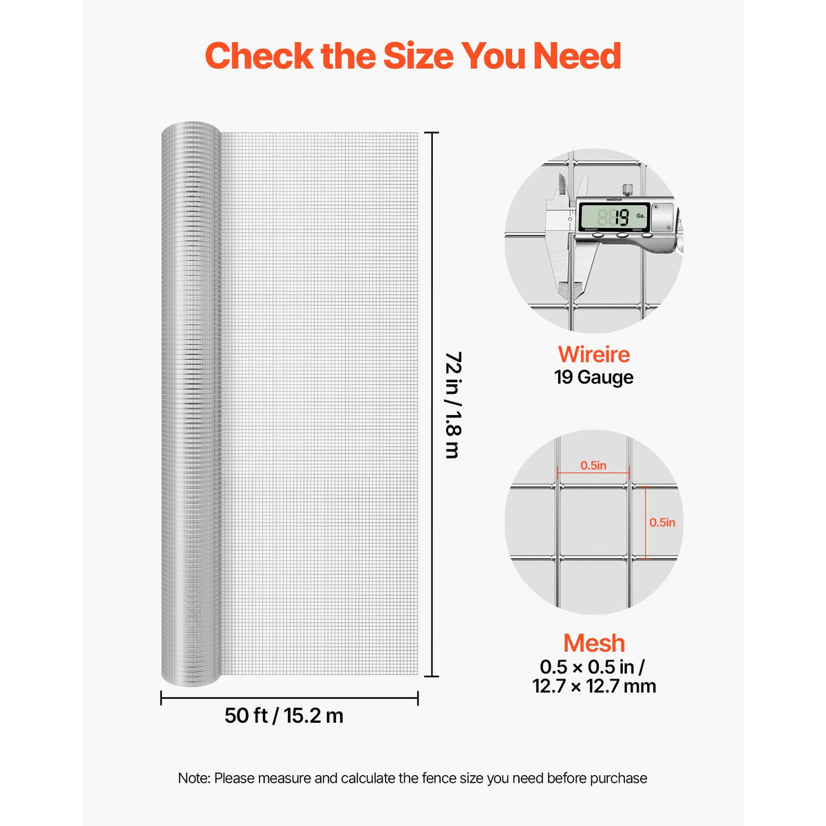 Hardware Cloth, 1/2 inch 72 inch x 50 ft 19 Gauge Chicken Wire Fence, Hot-Dip Galvanized After Welding Metal Wire Mesh Roll, Garden Plant Welded Fencing Roll Supports Poultry Netting Cage Fence