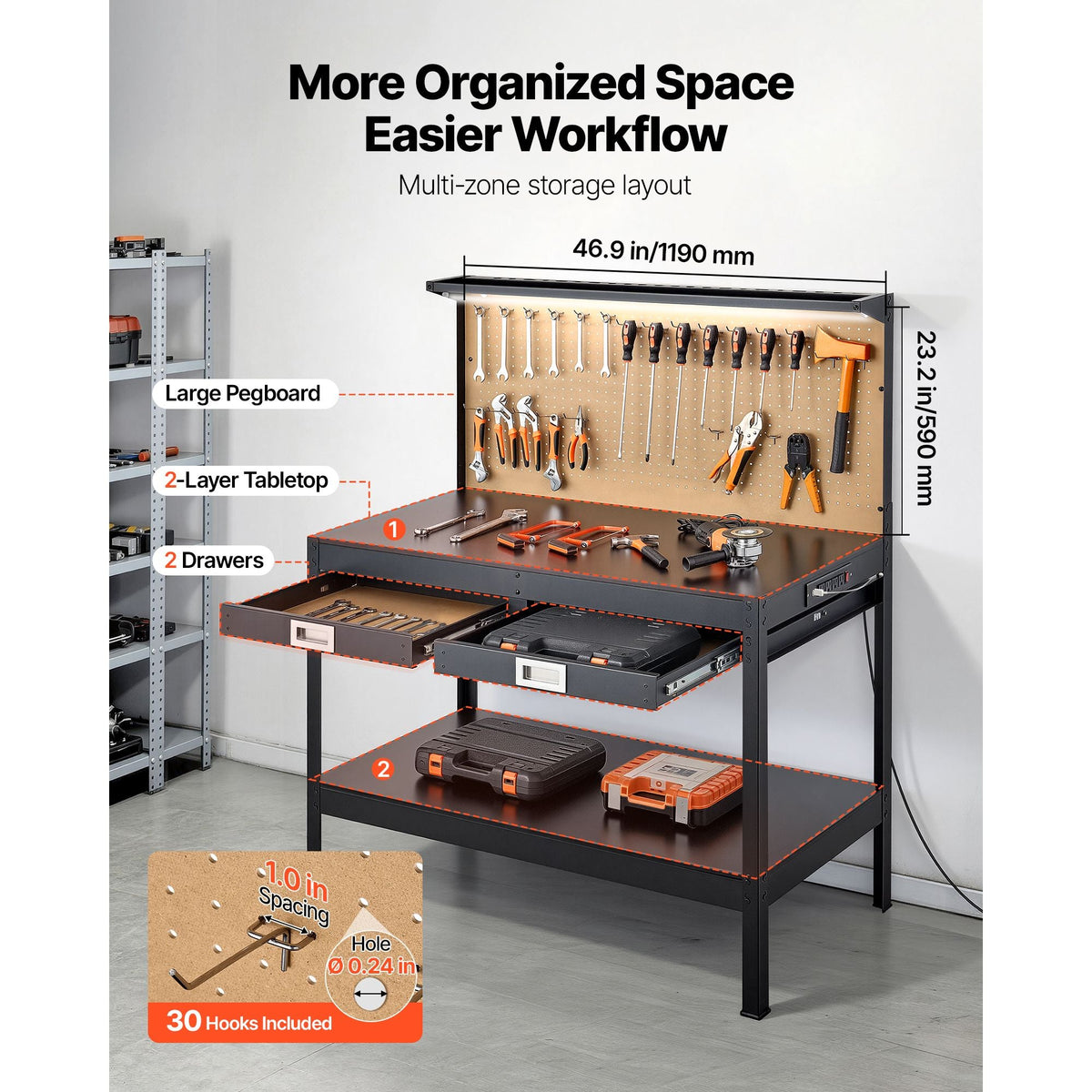 Hardwood Workbench, 242.5 lbs Weight Capacity, 47.2-inch Heavy Duty Workbench with Pegboard, 4 AC Outlets & 2 USB Ports, 4.9 ft Cable & 30 Hooks, Garage Work Bench with Drawer for Workshop