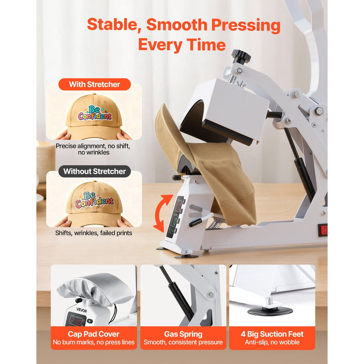 Hat Heat Press Machine, 8.5 x 4 in Large Heating Plate, with Caps Stretcher, Precise Temperature & Time Control, Heat Press for Hats and Caps, for HTV Iron On and Sublimation Projects, White