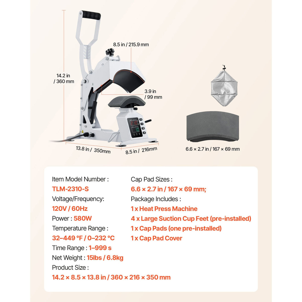 Hat Heat Press Machine, 8.5 x 4 in Large Heating Plate, with Caps Stretcher, Precise Temperature & Time Control, Heat Press for Hats and Caps, for HTV Iron On and Sublimation Projects, White