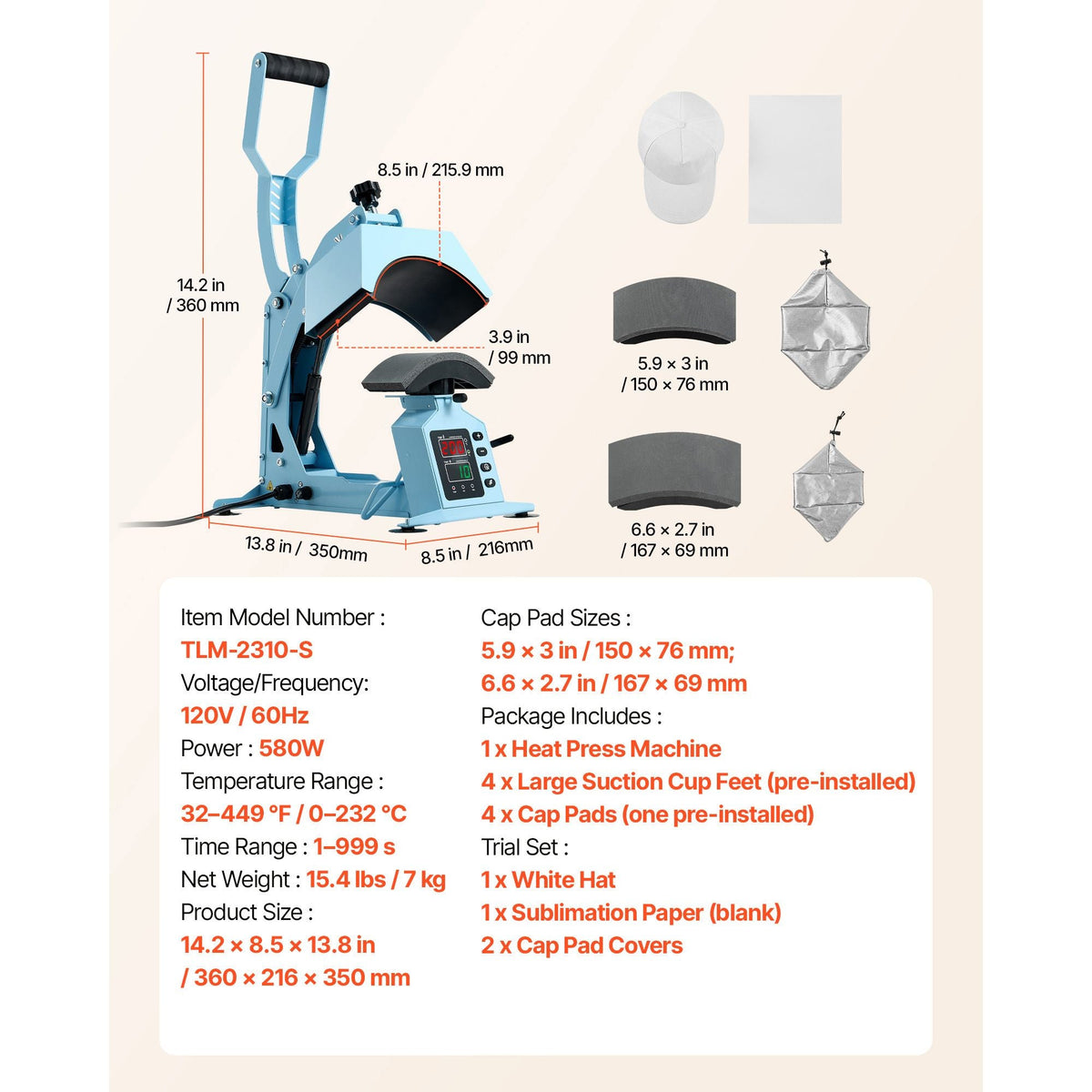 Hat Heat Press Machine, with 2 Interchangeable Platens and Caps Stretcher, Precise Temperature & Time Control, Heat Press for Hats and Caps, for HTV Iron On and Sublimation Projects, Light Blue