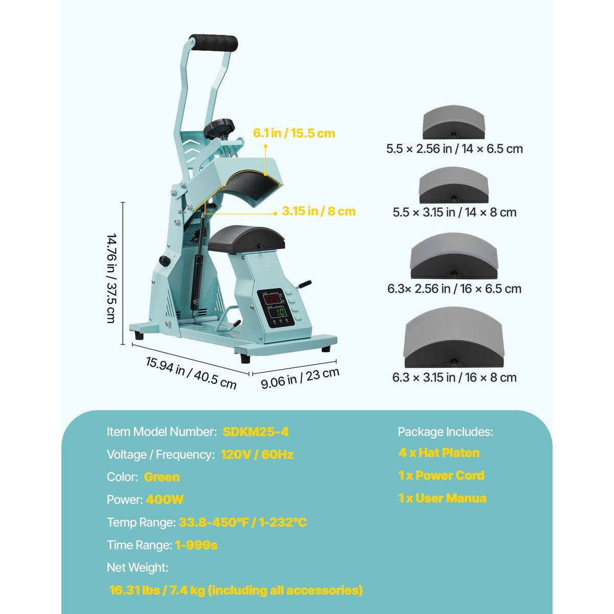 Hat Heat Press Machine, with 4pcs Interchangeable Platens, Precise Temperature and Time Control, Hat Press for HTV Iron On and Sublimation Projects, for Caps, Headbands, Cuffs, Face Masks, Green