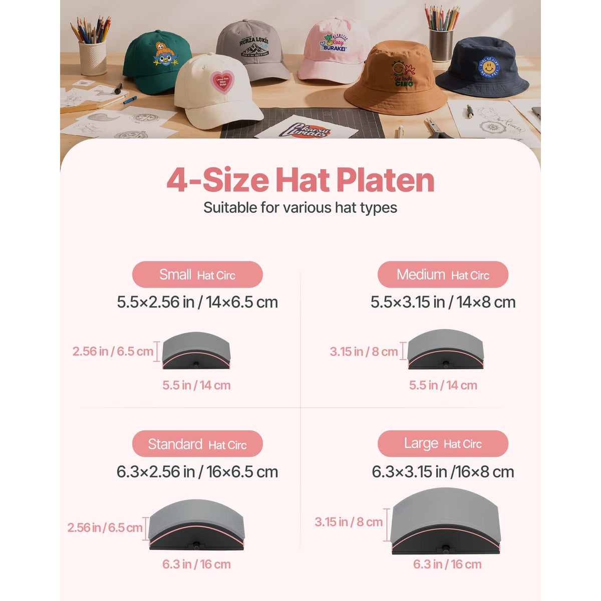 Hat Heat Press Machine, with 4pcs Interchangeable Platens, Precise Temperature and Time Control, Hat Press for HTV Iron On and Sublimation Projects, for Caps, Headbands, Cuffs, Face Masks, Pink