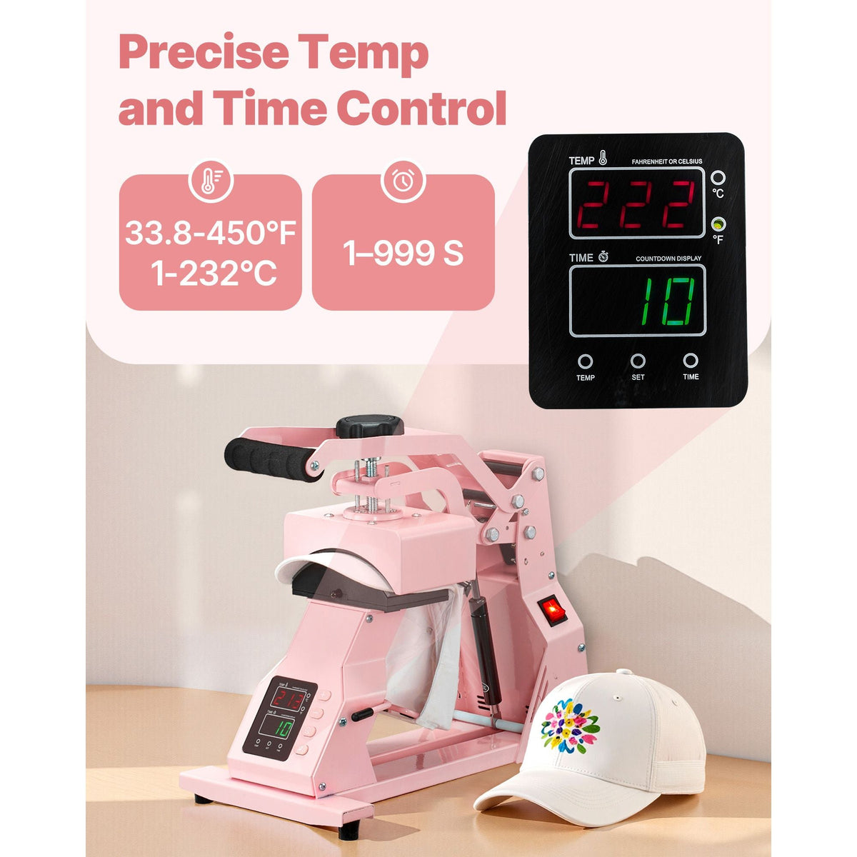 Hat Heat Press Machine, with 4pcs Interchangeable Platens, Precise Temperature and Time Control, Hat Press for HTV Iron On and Sublimation Projects, for Caps, Headbands, Cuffs, Face Masks, Pink