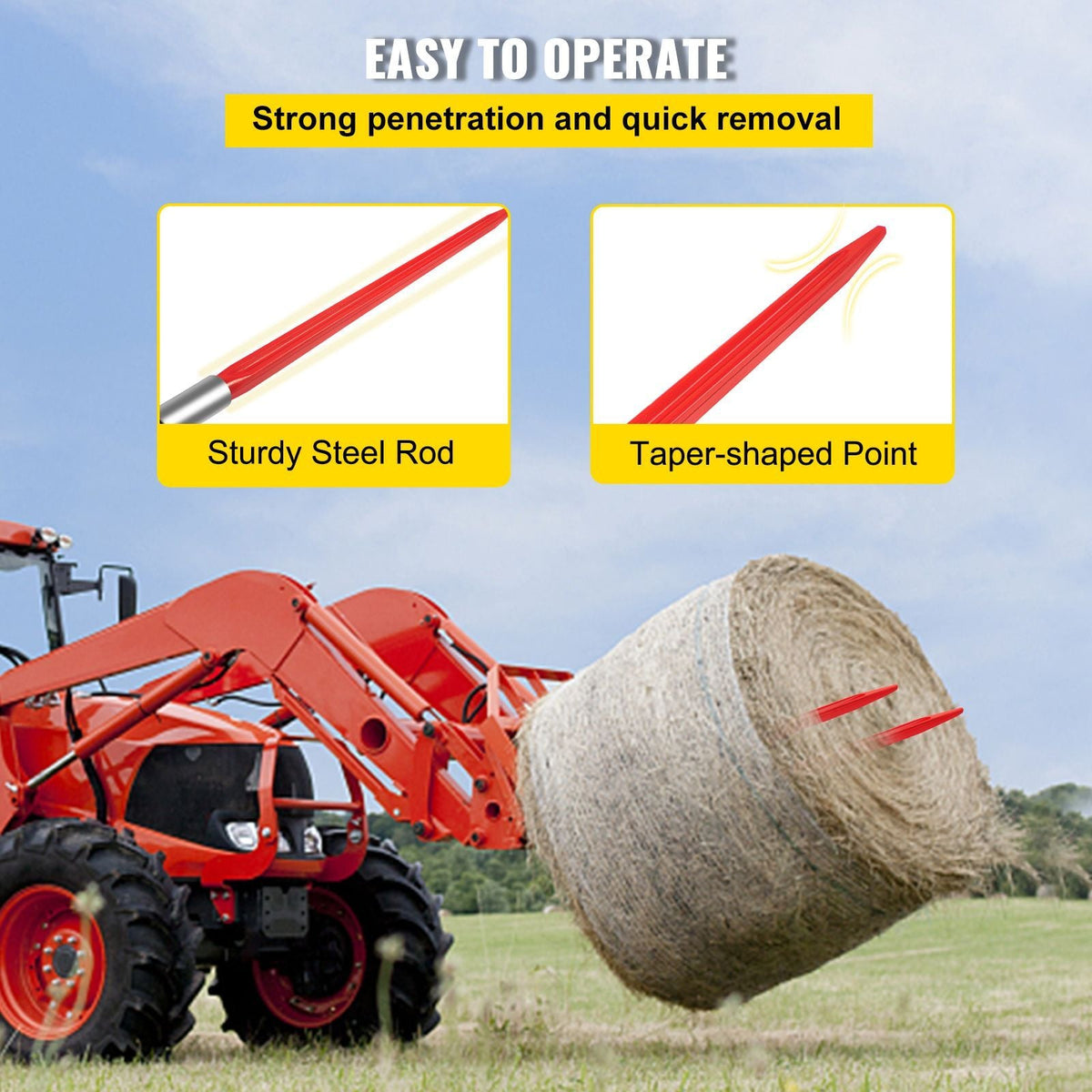 Hay Spear 32" Bale Spear 1350 lbs Capacity, Bale Spike Quick Attach Square Hay Bale Spears 1.4" Wide, Red Coated Bale Forks, Bale Hay Spike with Hex Nut & Sleeve for Buckets Tractors Loaders